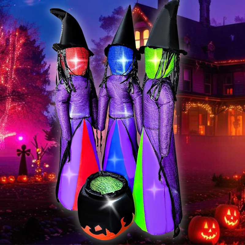 6 pieds d'Halloween gonflables 3 mains tenant des sorcières avec un chaudron soufflent des décorations d'Halloween sans visage de sorcière avec des DEL intégrées pour la maison