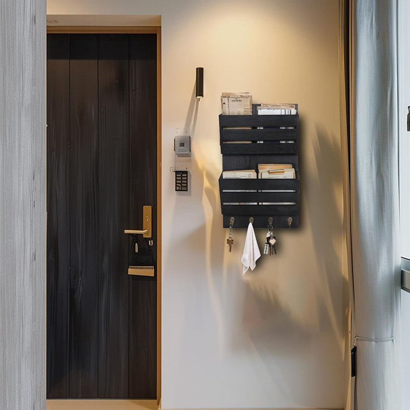 Organisateur de courrier mural avec 4 crochets à clés, porte-clés rustique en bois pour trieuse de courrier pour décoration murale, classeur mural à 2 fentes et porte-lettre de magazines