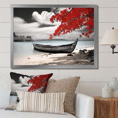 Hawaii Red And Grey Monochrome Boat I - Hawaii Wall Art Living Room