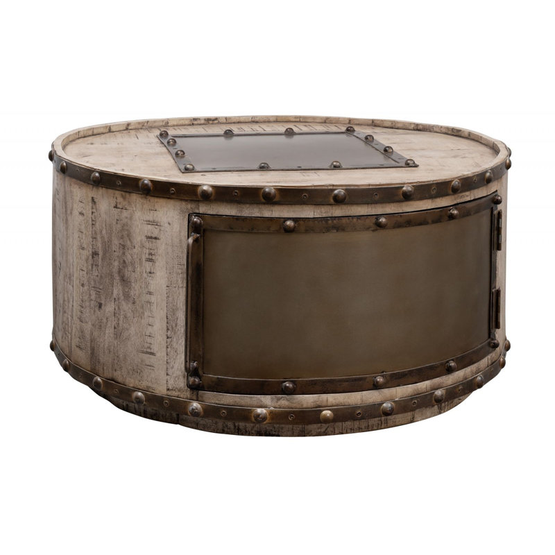 Tokyo Solid Wood Drum Coffee Table with Storage, Brown