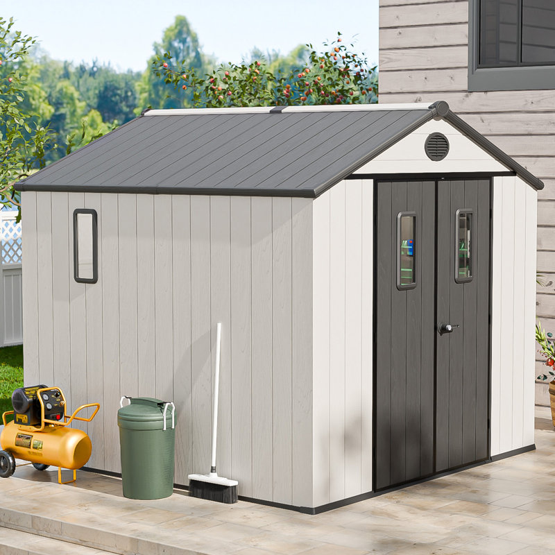8x8 ft. Resin Outdoor Storage Shed with Floor and Double Doors for Garden Patio Furniture and Tools, Gray/White