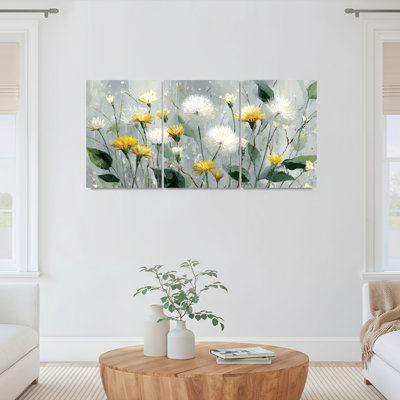 Ensemble de 3 tableaux muraux sur toile de style aquarelle représentant des pissenlits et des fleurs jaunes