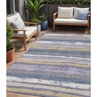 5' X 8' Purple Ivory And Beige Striped Washable Indoor Outdoor Area Rug