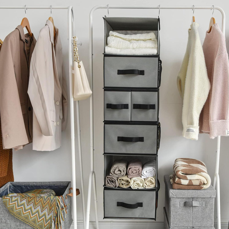 Organisateur de garde-robe suspendu 6 tablettes, rangement et rangement pour placard avec 5 tiroirs différents, 6 compartiments de rangement pour garde-robe, gris, paquet de 1