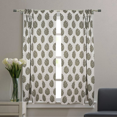 Grey,Green Block print Coloured Linen Curtain Timeless Elegance for Your Home Throny Stems, 