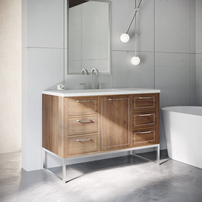Markham 48 in. Single Vanity, Universal Calacatta Quartz, Walnut, Brushed Nickel