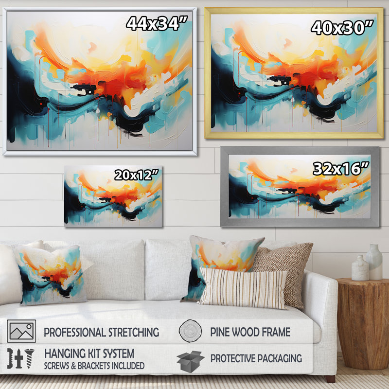 Bleu et orange, vagues abstraites colorées II - art mural abstrait, Cadre doré à coins fermés, H 16 po x l 32 po x P 1 po