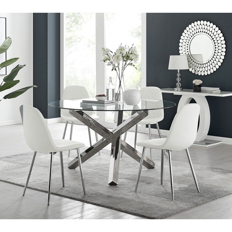 Vogo Modern Design Chrome and Glass Dining Table Set with 4 Luxury Faux Leather Dining Chairs, White/Silver