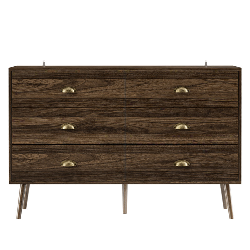 Modern 6 Drawer Dresser for Bedroom，Bedroom Dresser Chest, Walnut