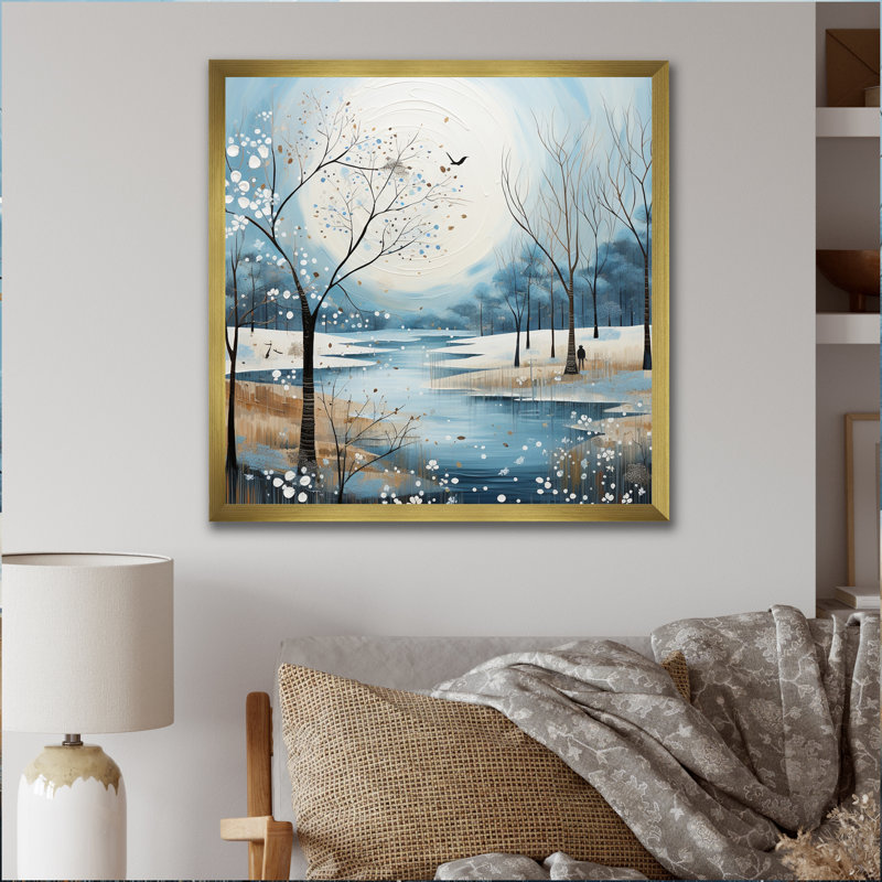 Impression de pointillisme hivernal scandinave bleu et blanc moderne, Cadre doré à une seule photo