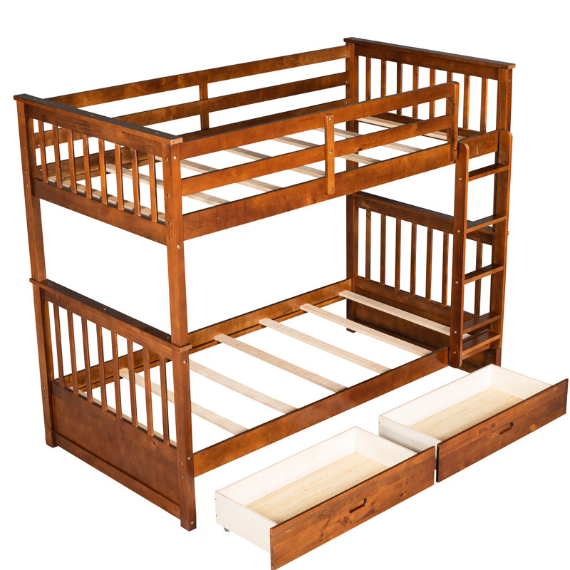 Twintwin Bunk Bed With Ladders And Storage In Walnut - Space Saving Solution For ' Room Solid Pine Wood Drawers Practical Family Bedrooms