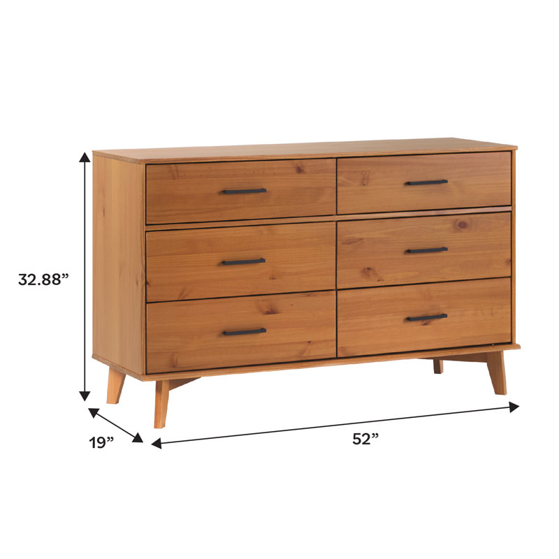 Caramel Solid Pine Wood 6-Drawer Dresser with Metal Handles