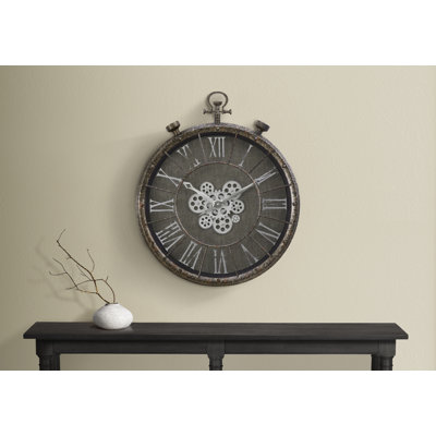 24" Round Grey Transitional Wall Clock With Gear Mechanism | Gift Idea