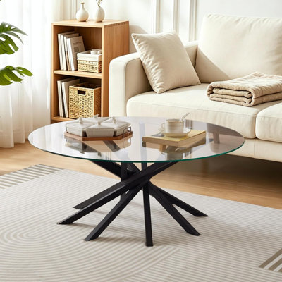 Round Glass Top Coffee Table - Mid Century Modern Center Table With Solid Wood Interlocking Base - Tempered Glass Top & Architectural Starburst Leg Design For Living Room