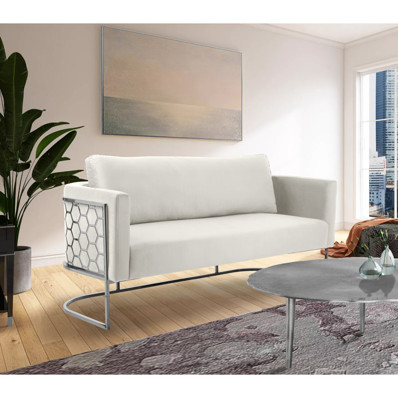 Casa 75.5'' Velvet Sofa, Cream Velvet, Chrome