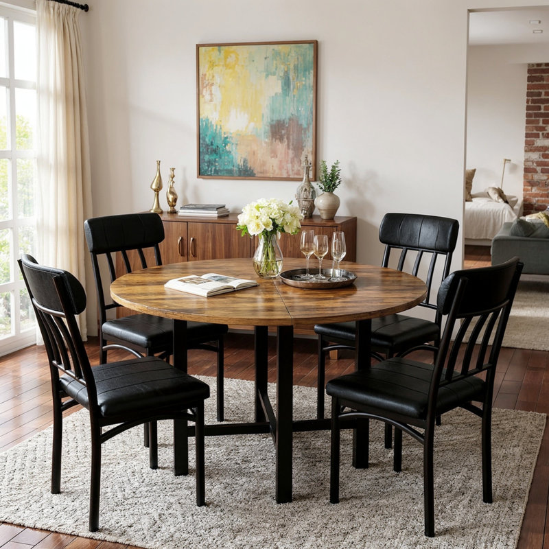 Round Dining Table Set For 4, 5-Piece Circle Kitchen Table And Chairs Set For 4,  Modern Round Dining Table With 4 Faux Leather Upholstered Chairs For Small Space, Kitchen, Breakfast Nook