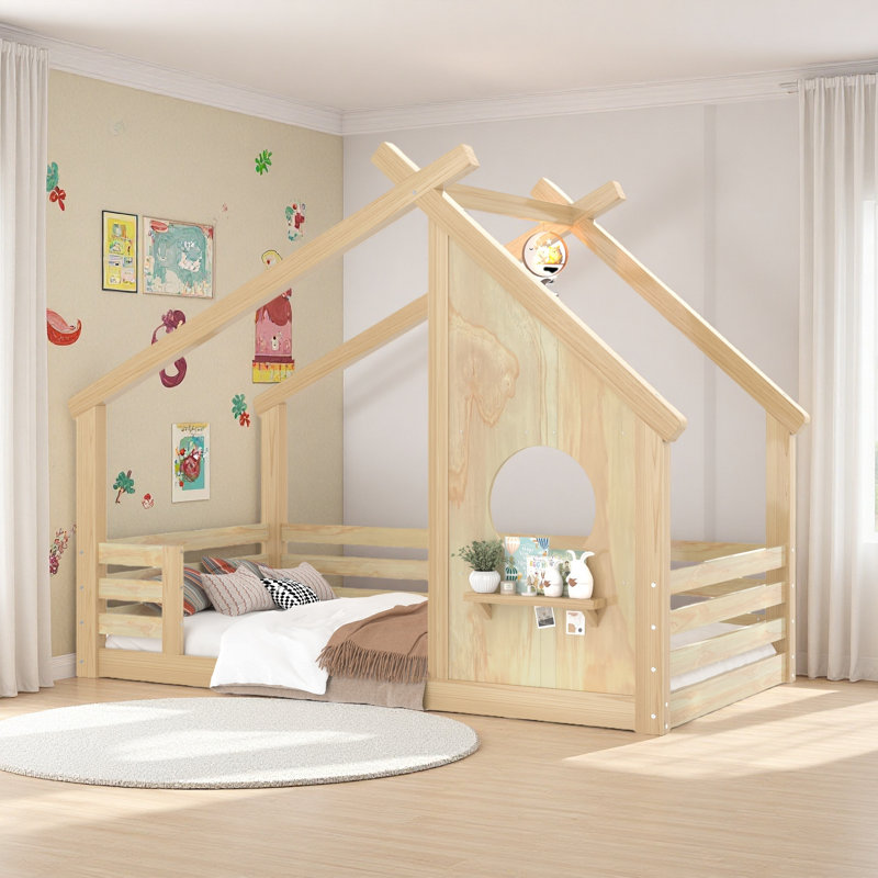 Lit de maison avec fenêtre et petite tablette, lit en bois massif avec toit en forme de maison, pas besoin de sommier, Simple
