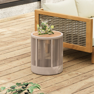 Table d'appoint en bois avec corde pour le balcon et le jardin - fonctionnelle, 10,84 lb, peu d'entretien extérieur et balcon de jardin, 15 po de diamètre, 18,35 de hauteur, + couleur beige