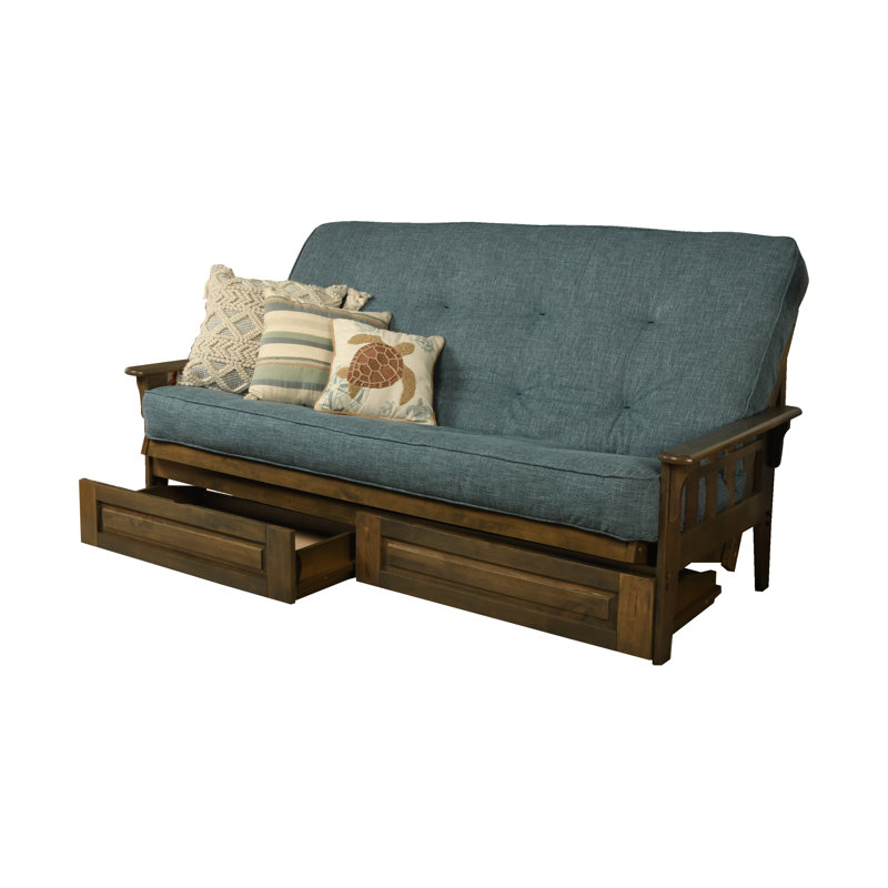 Stratford Queen 87" Wide Futon Frame and Mattress with Drawer Set, Linen Aqua 100% Polyester