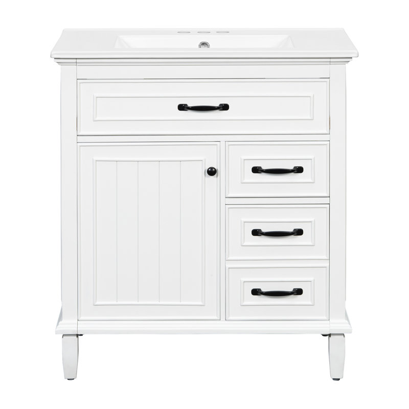 30" Freestanding Bathroom Vanity With Ceramic Sink, Solid Wood Frame Cabinet With 1 Flip Drawer, 2 Drawers And Door Storage Rack