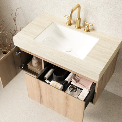 Meuble-lavabo flottant de 36 po avec lavabo en céramique, comptoir en pierre frittée, tiroir et porte en contreplaqué, pré-assemblé, chêne blanc, lavabo à fermeture en douceur, pierre, lavabo à 3 trous, armoire,