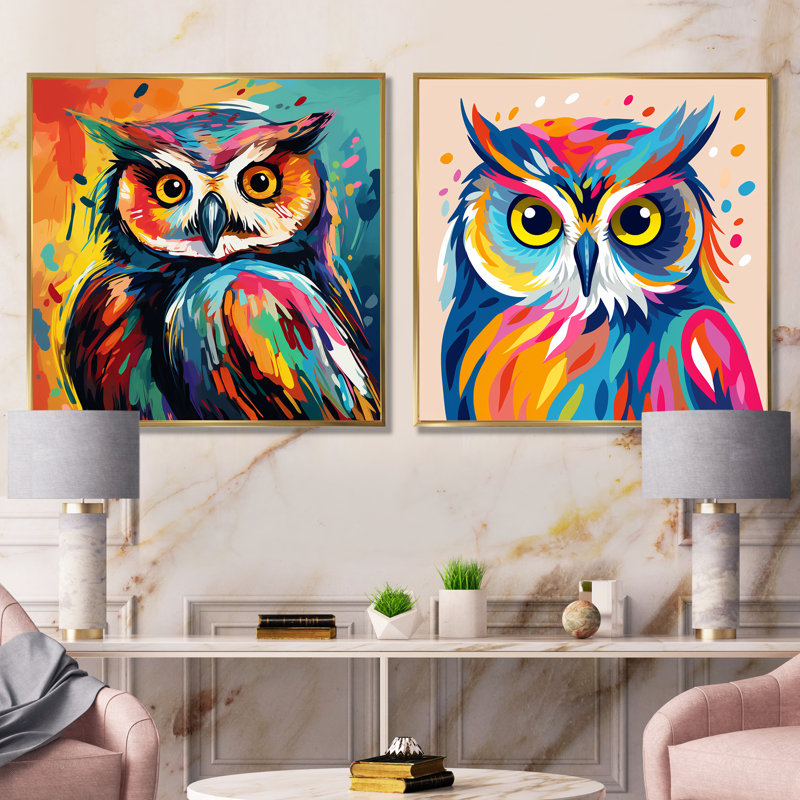 Chouettes colorées Popart I, ensemble de 2 impressions sur toile, Cadre flottant doré, H 36 po x l 73 po x P 1,5 po