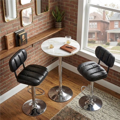 Adjustable Bar Height Set, Round Pub Table with Chrome Leg & 2 Padded PU Leather Bar Stools with Swivel Function, Bistro Set for Small Spaces