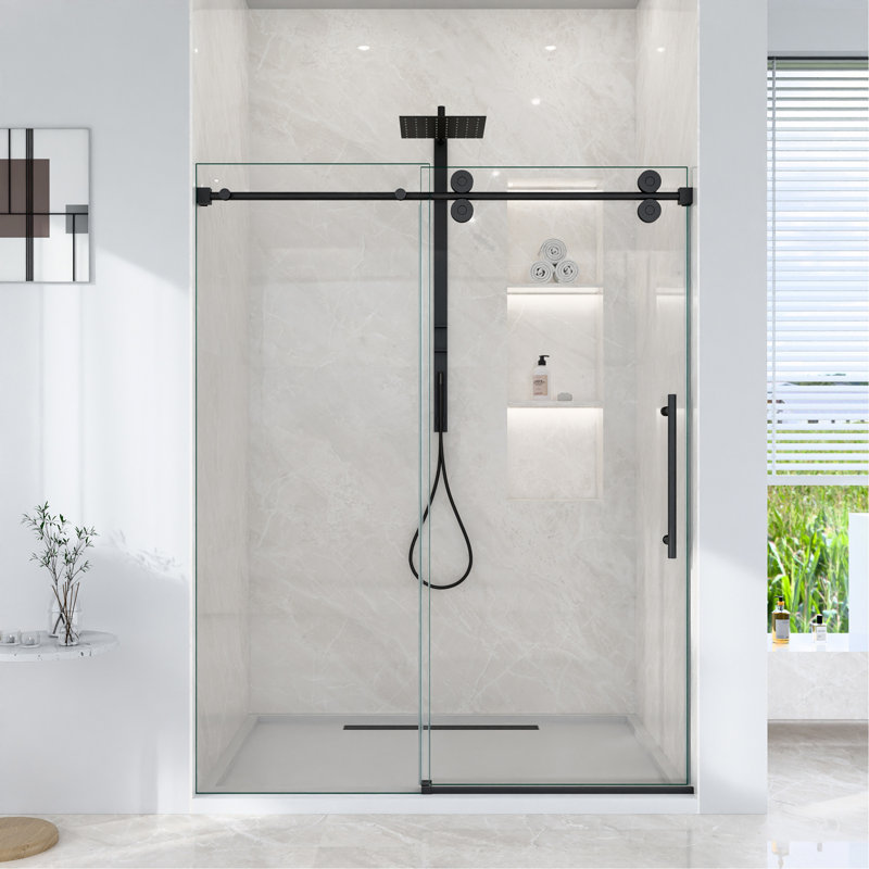 Porte de douche coulissante simple sans cadre l 56 à 60 po x H 72 po - verre trempé transparent de 5/16 po (8 mm), conception de dérivation avec finition noir mat