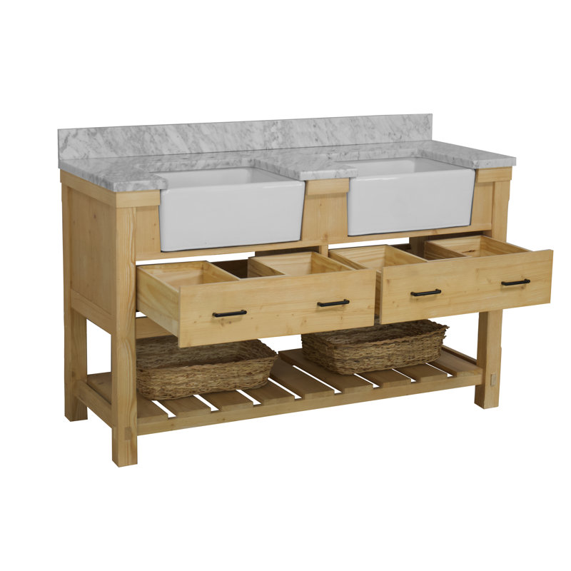 Hitton 60'' Double Bathroom Vanity with Top, Drift Wood, Engineered Carrara