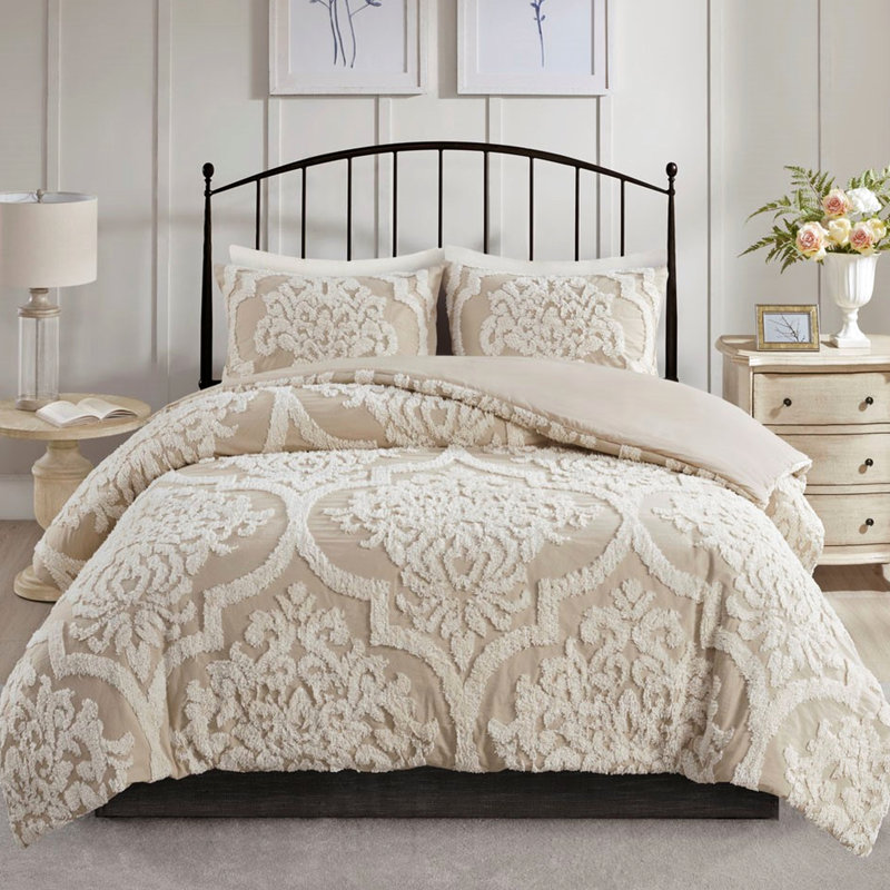 Housse de couette 3 pièces, double / grand, chenille de coton avec capitonnage et fermeture à boutons, double / grand, Shabby Chic