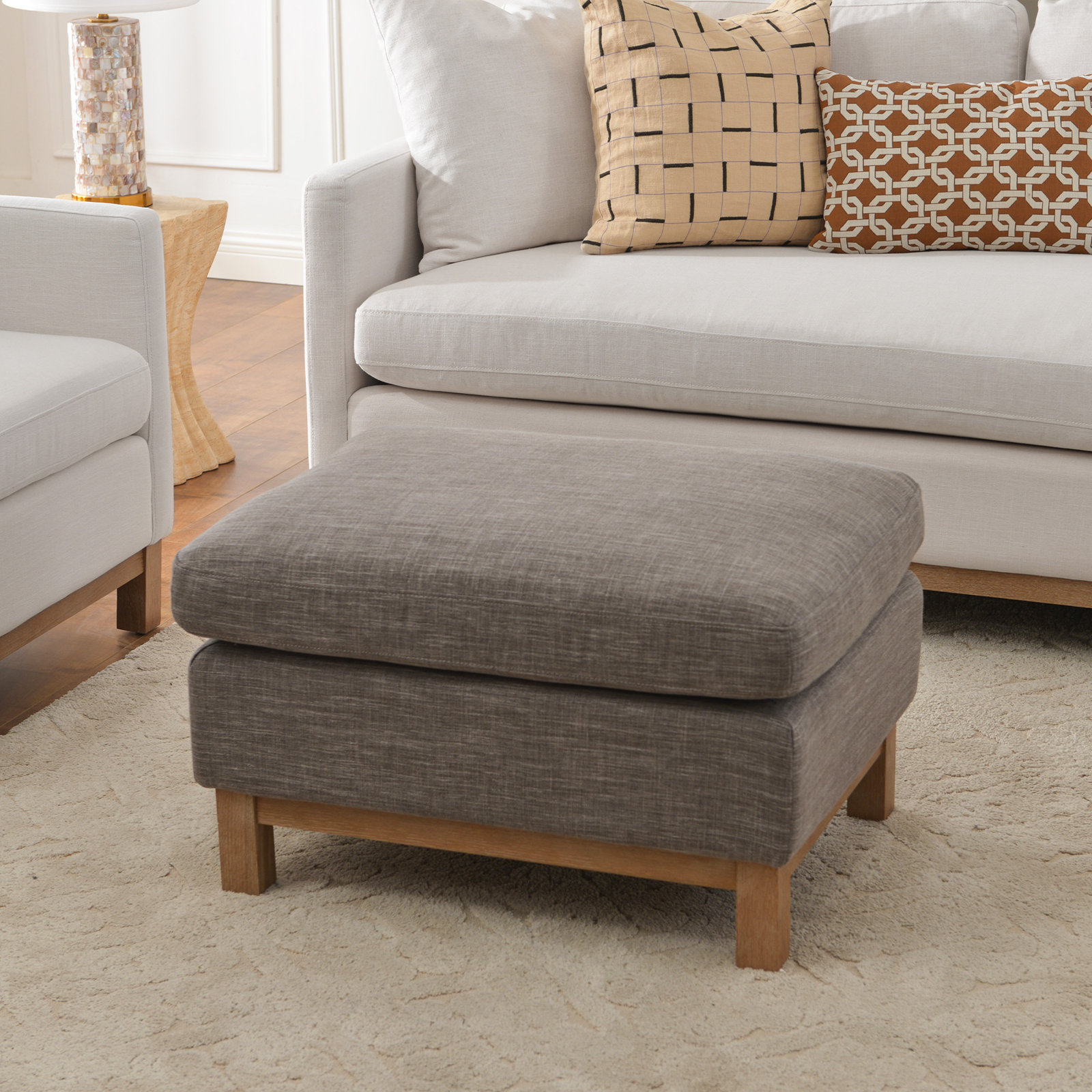 Cami 30" Upholstered Ottoman, Smoke Linen Blend