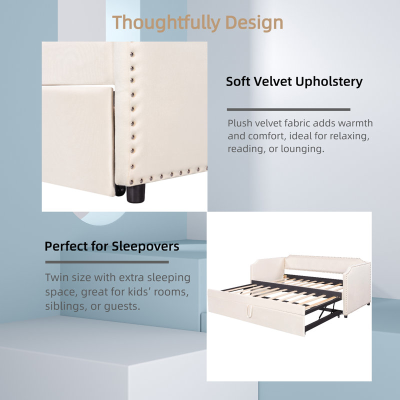Upholstered Daybed With Lift-Up Trundle Bed, Beige