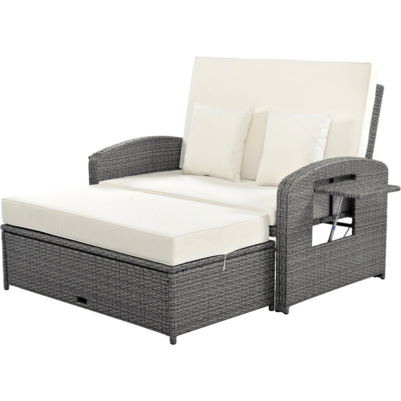 PE Wicker Rattan Double Chaise Lounge, 2-Person Reclining Daybed With Adjustable Back And Cushions, Free Furniture Protection Cover