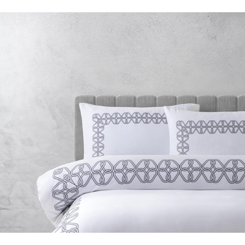 King Size White Cotton Satin Sham with Grey Print