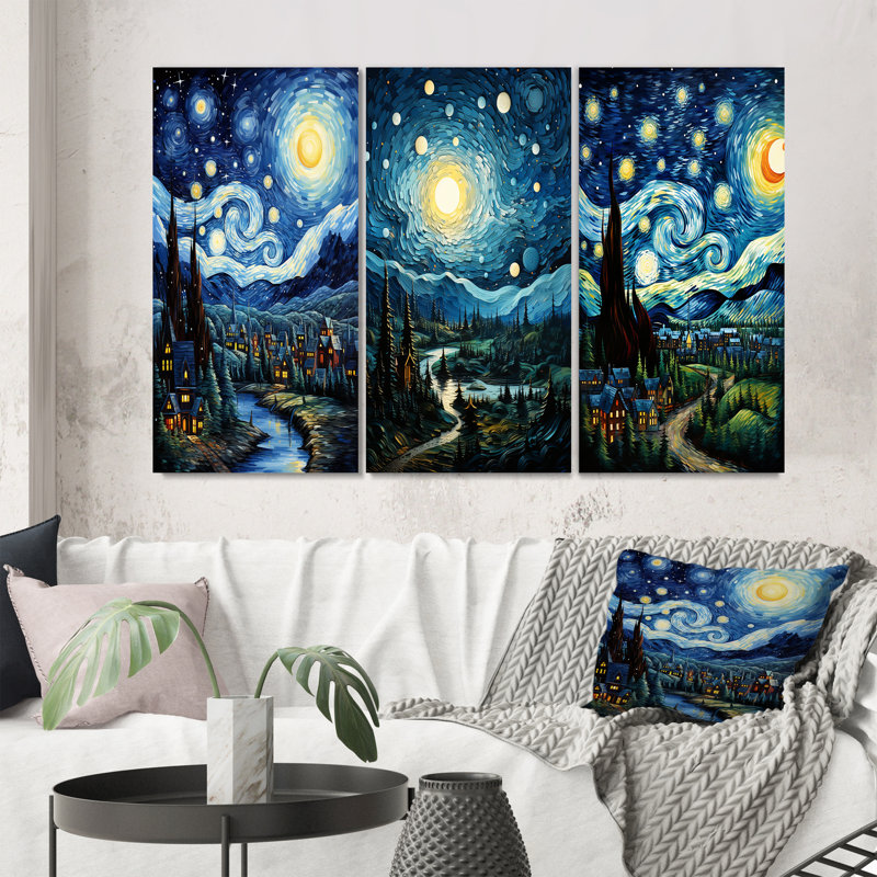 "Chef-d'œuvre The Starry Day par Vincent", 3 pièces sur toile, Toile tendue, H 28 po x l 36 po