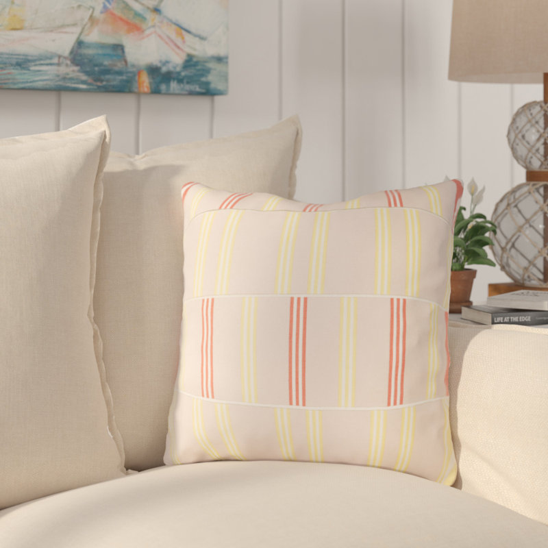 Striped Square Throw Cushion, Medium, Pale Pink / Butter / White / Orange, Down Blend