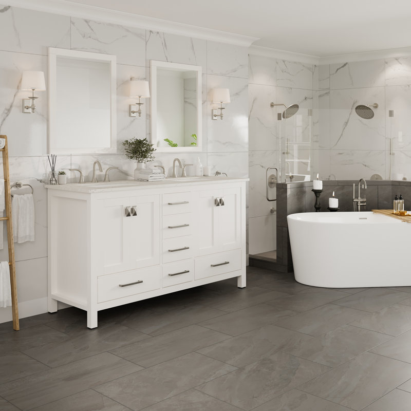 Aberdeen White Double Sink Bathroom Vanity with Carrara Quartz Top