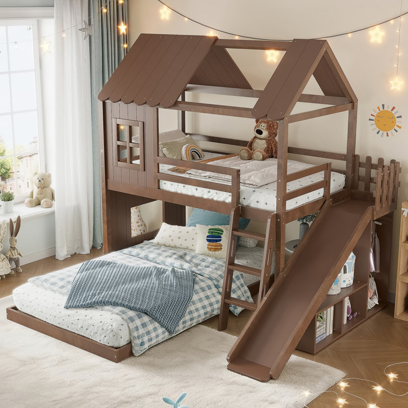 Twin Over Full Solid Wood House Bunk Bed with Shelves, Wardrobe and Slide, Deep Natural