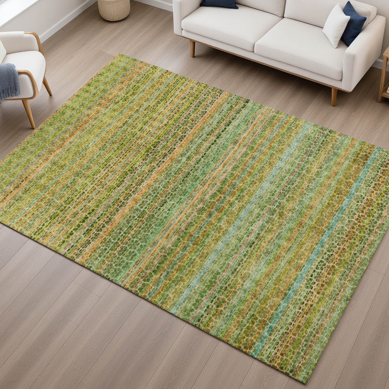 Premium Machine Washable Mayfield AMF2155 Striped Rug, Green, Rectangle 5' x 7'6"