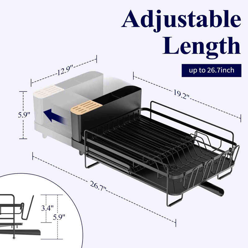 Black Stainless Steel Extendable Dish Rack with Utensil Cup