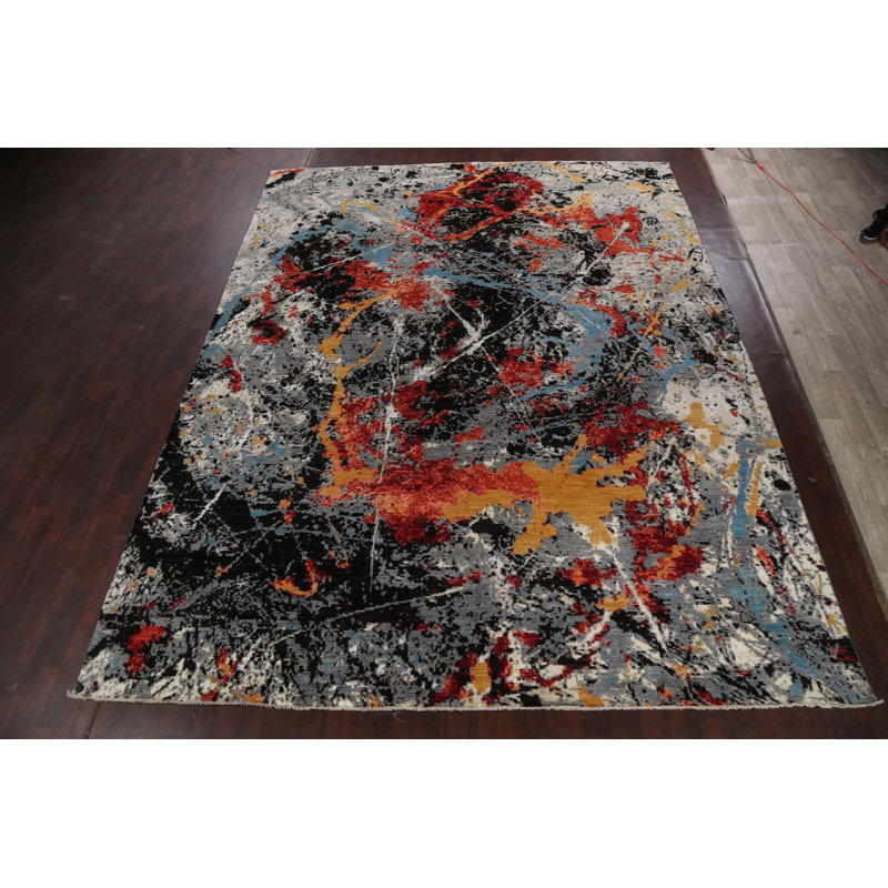 Tapis gris noué à la main de conception unique 12 pi x 15 pi 5 po New Age