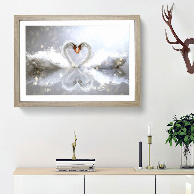 Swans Forming a Love Heart in Abstract - Framed Print, 62cm H x 87cm W x 2cm D, Oak Framed