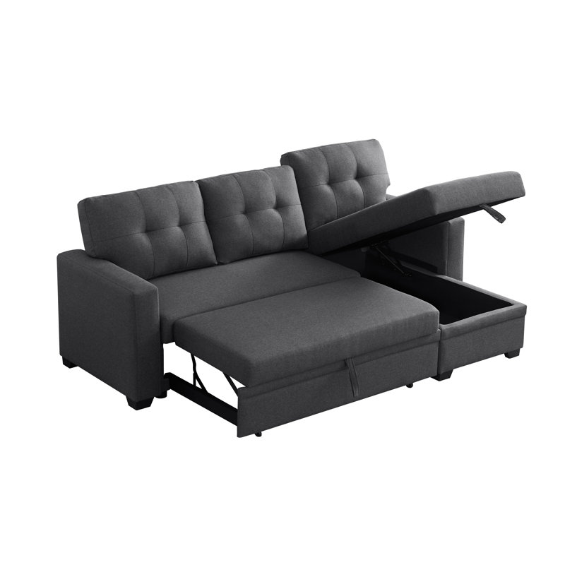 Convertible Upholstered Sectional Sofa with Pull-out Chaise, Beige Linen, Left Hand Facing