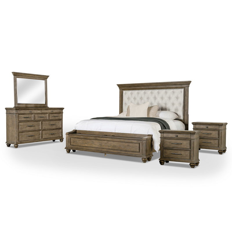 Ensemble de chambre à coucher 5 pièces Baillons (1 lit + 2 tables de chevet + 1 commode + 1 miroir), Très grand