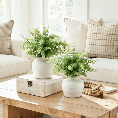 16"H Set of 2 Artificial Eucalyptus Grass Faux Plant - Soft Lifelike Foliage, Elegant White Decorative Planters - Tabletop Contemporary Modern Decor for Indoor Home Office