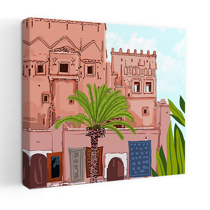 Moroccan Desert Oasis Traditional Abstract Palm Tree Architecture Landscape Wall Art Print 1 Piece Wrapped Canvas Wall Art