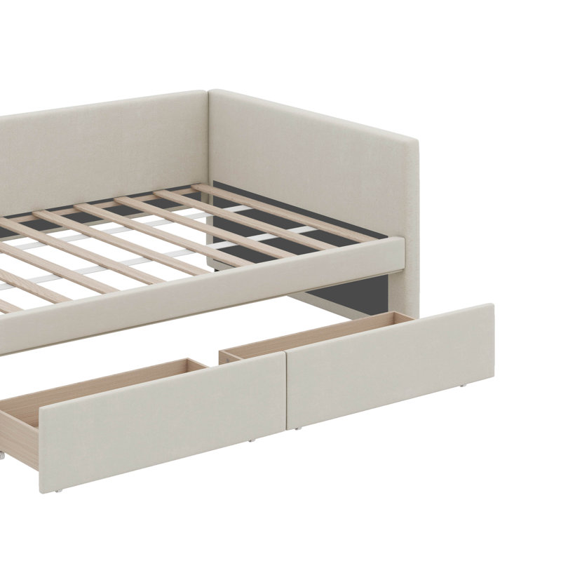 Twin-Size L-Shaped Plush Platform Bed With Storage Drawers, Beige