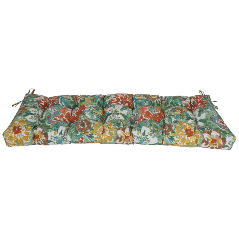 Tufted Outdoor Bench Cushion, 55" W x 19" D, White/Sun River Mist Floral