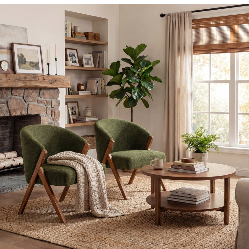Modern Upholstered Lounge Chair with Solid Wood Frame, Green