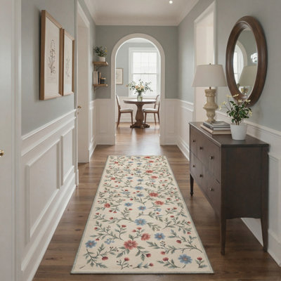 Machine Washable Floral Vines / Oatmeal Grain Indoor Area Rug With Non-Slip Backing